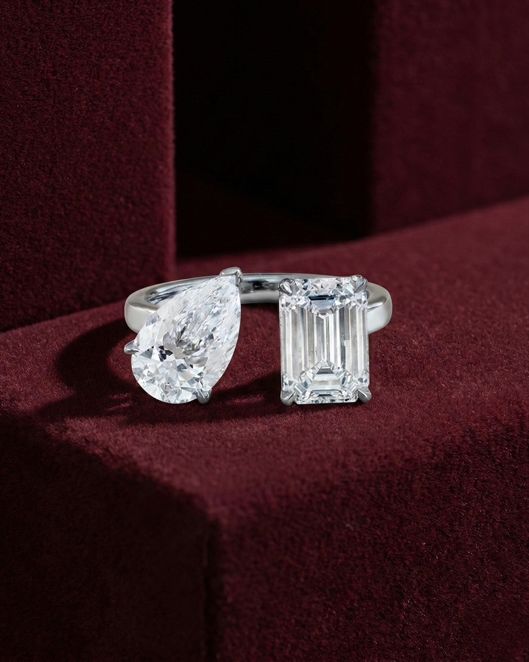 Pear & Emerald Lab Grown Diamond Toi et Moi Ring, Two Stone Diamond Engagement Ring, Pear Emerald Diamond Ring, Unique Engagement Ring