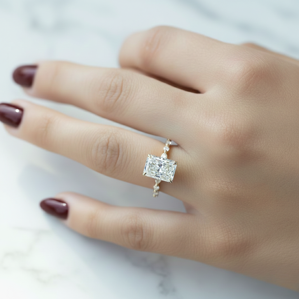 3CT Radiant Cut Solitaire Ring with Marquise Accent | Lab Grown Diamond | 14K Yellow Gold
