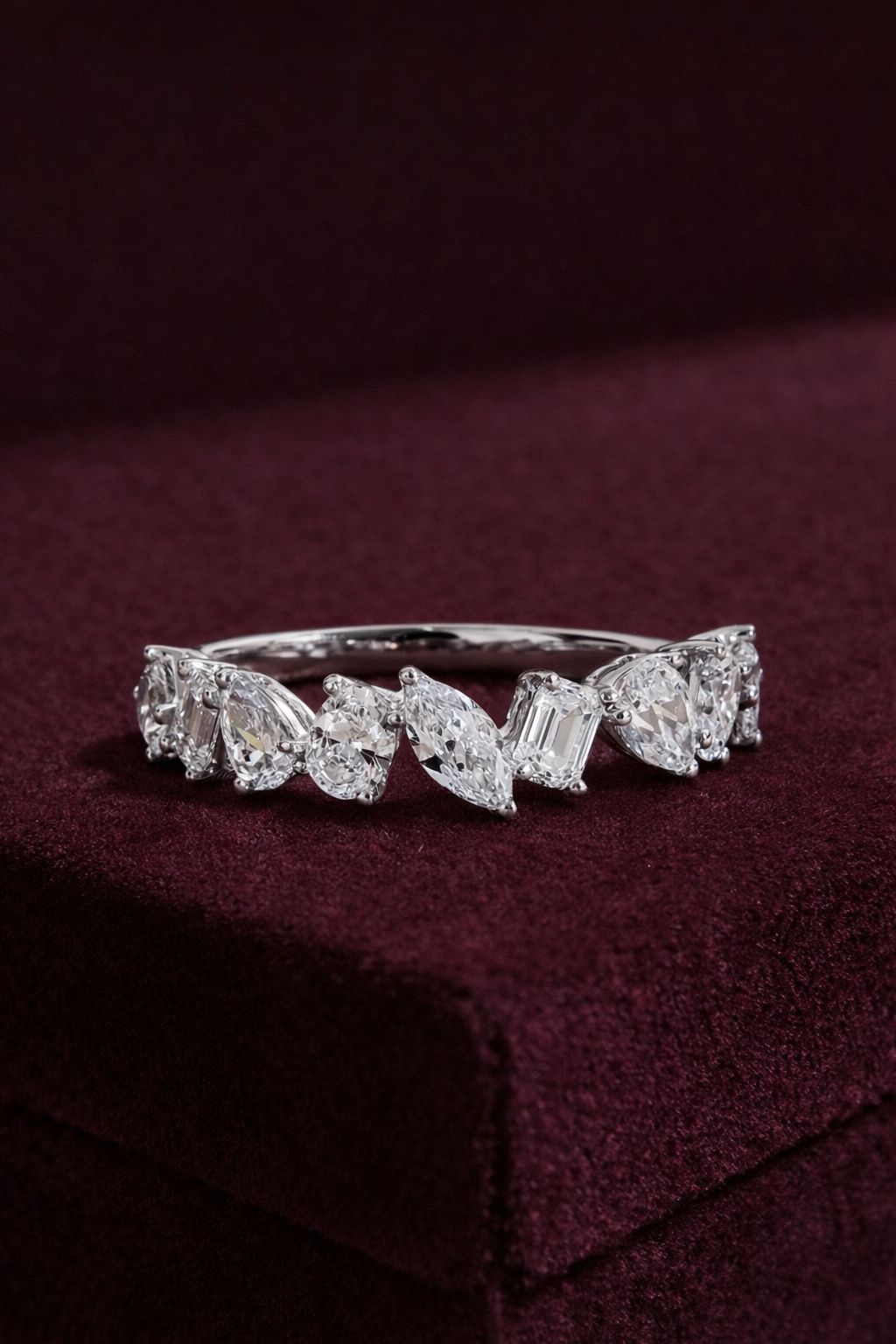 Mixed Shape Diamond Band, Pear Marquise Oval Emerald Diamond Ring, Unique Diamond Wedding Band, Modern Diamond Anniversary Ring