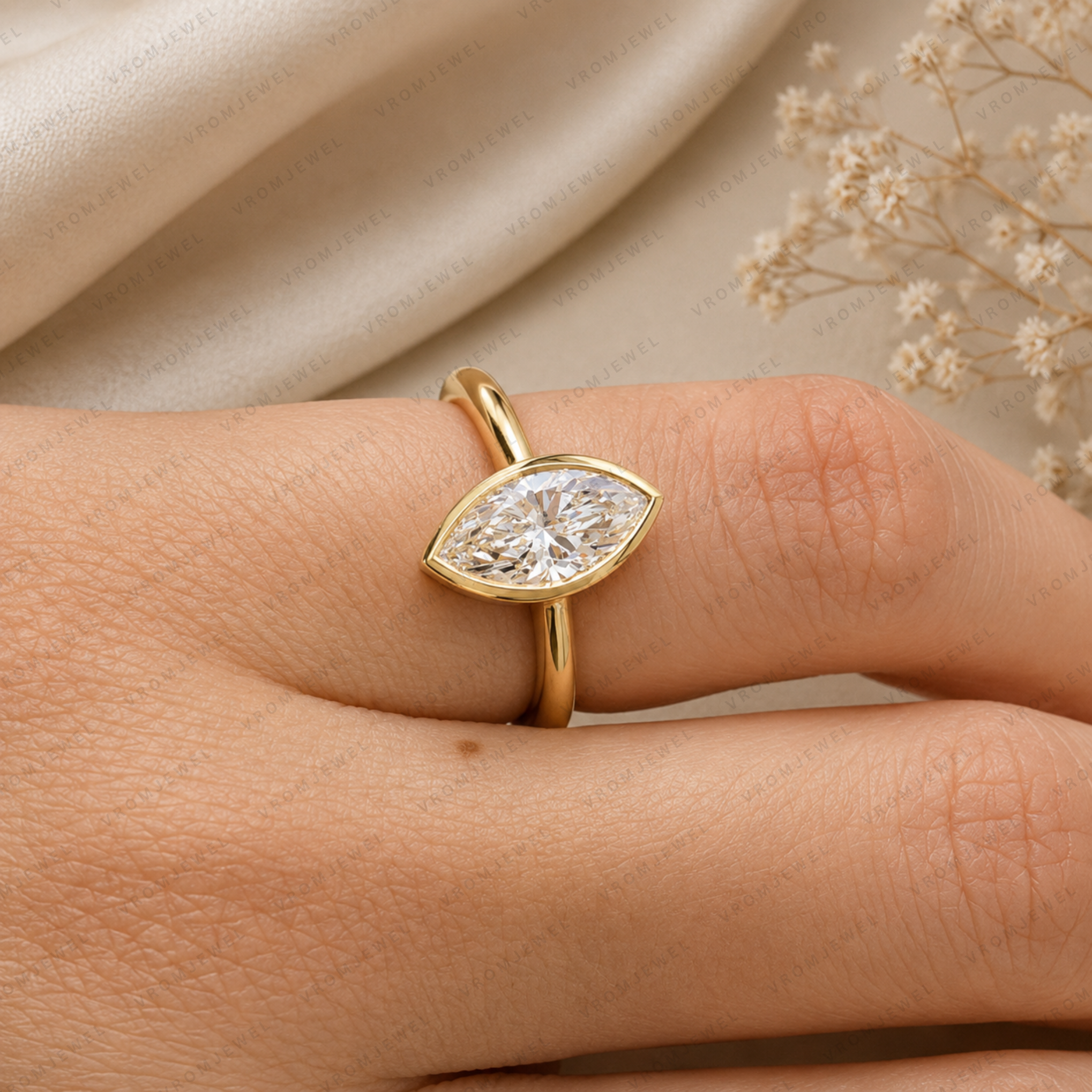 Marquise Cut Lab Grown Diamond Bezel Set Solitaire Ring in Solid 14K Gold