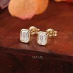 Emerald bezel set stud Earrings | Lab Grown Diamond | 14k Yellow Gold Minimalist