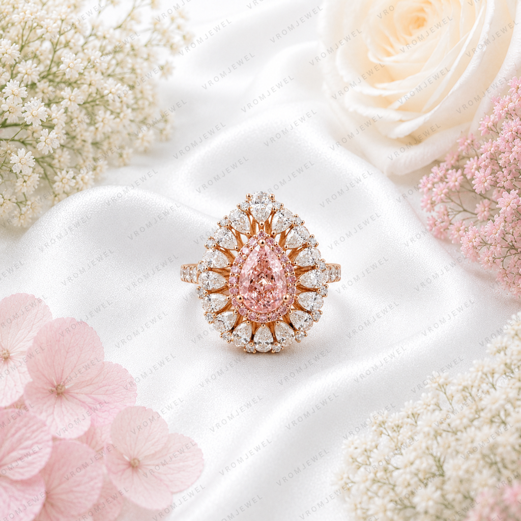 Pink Pear Shape Lab Grown Diamond Engagement Ring, Floral Halo Diamond Ring, Pink Diamond Ring, Pavé Band, 10K 14K 18K Gold