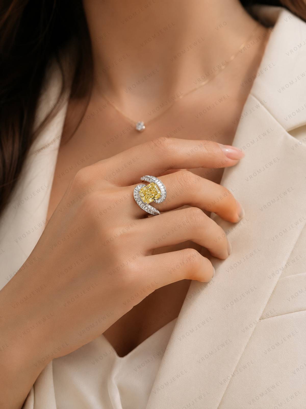 Yellow Radiant Lab Grown Diamond Ring, Radiant Cut Statement Ring, Modern Bypass Engagement Ring, Solid Gold Diamond Ring, Yellow Diamond