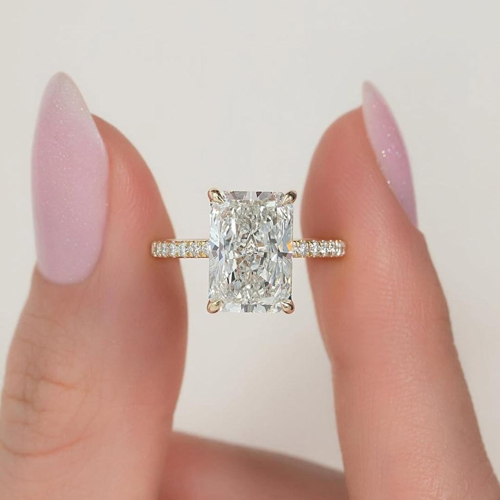 4.5CT Radiant Cut Ring with Side Accents and Hidden Halo | Lab Grown Diamond | 14K Yellow Gold