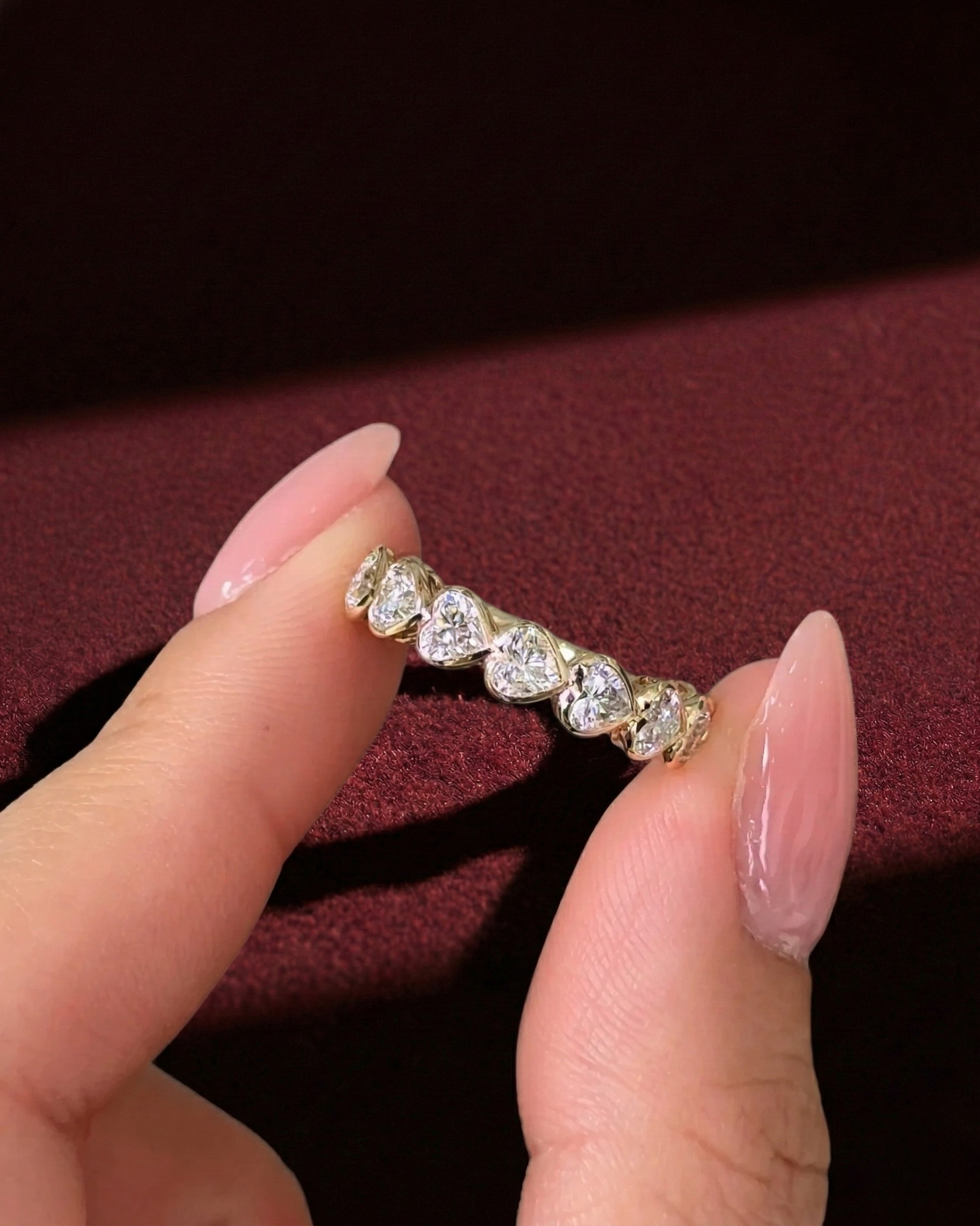 Heart Shape Diamond Half Eternity Band, Bezel Set Heart Diamond Wedding Band, Heart Diamond Anniversary Ring, Stackable Diamond Band.