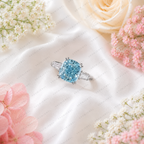 Blue Cushion Cut Lab Grown Diamond Ring, 3 Carat Blue Diamond Engagement Ring, Baguette Side Stones, Statement Ring, Pavé Band, 10K 14K 18K