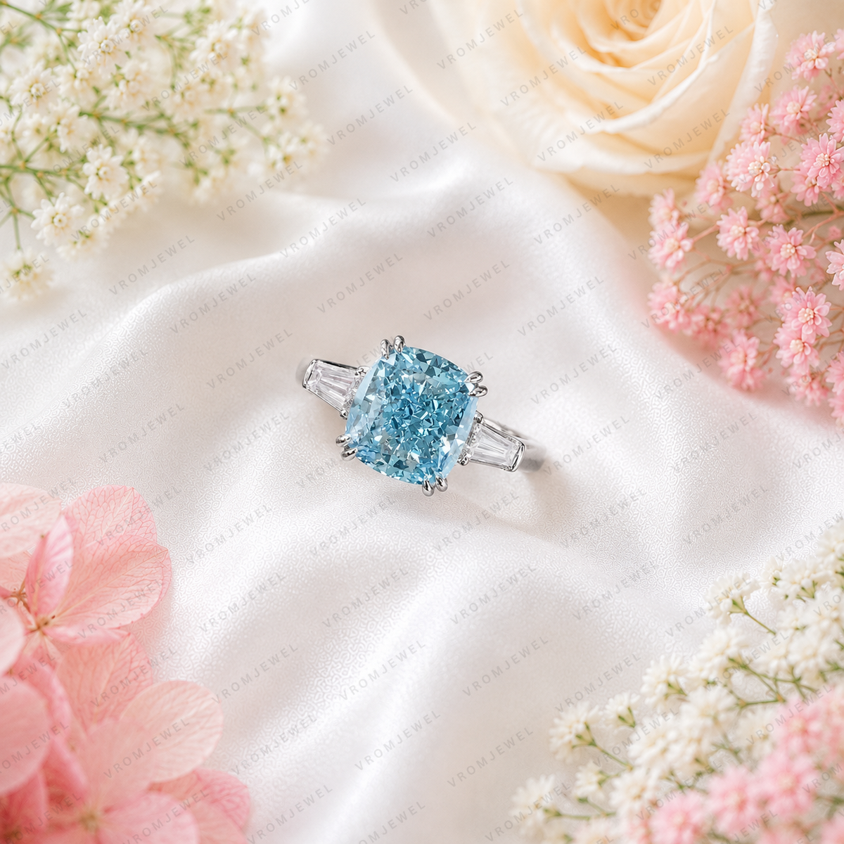 Blue Cushion Cut Lab Grown Diamond Ring, 3 Carat Blue Diamond Engagement Ring, Baguette Side Stones, Statement Ring, Pavé Band, 10K 14K 18K