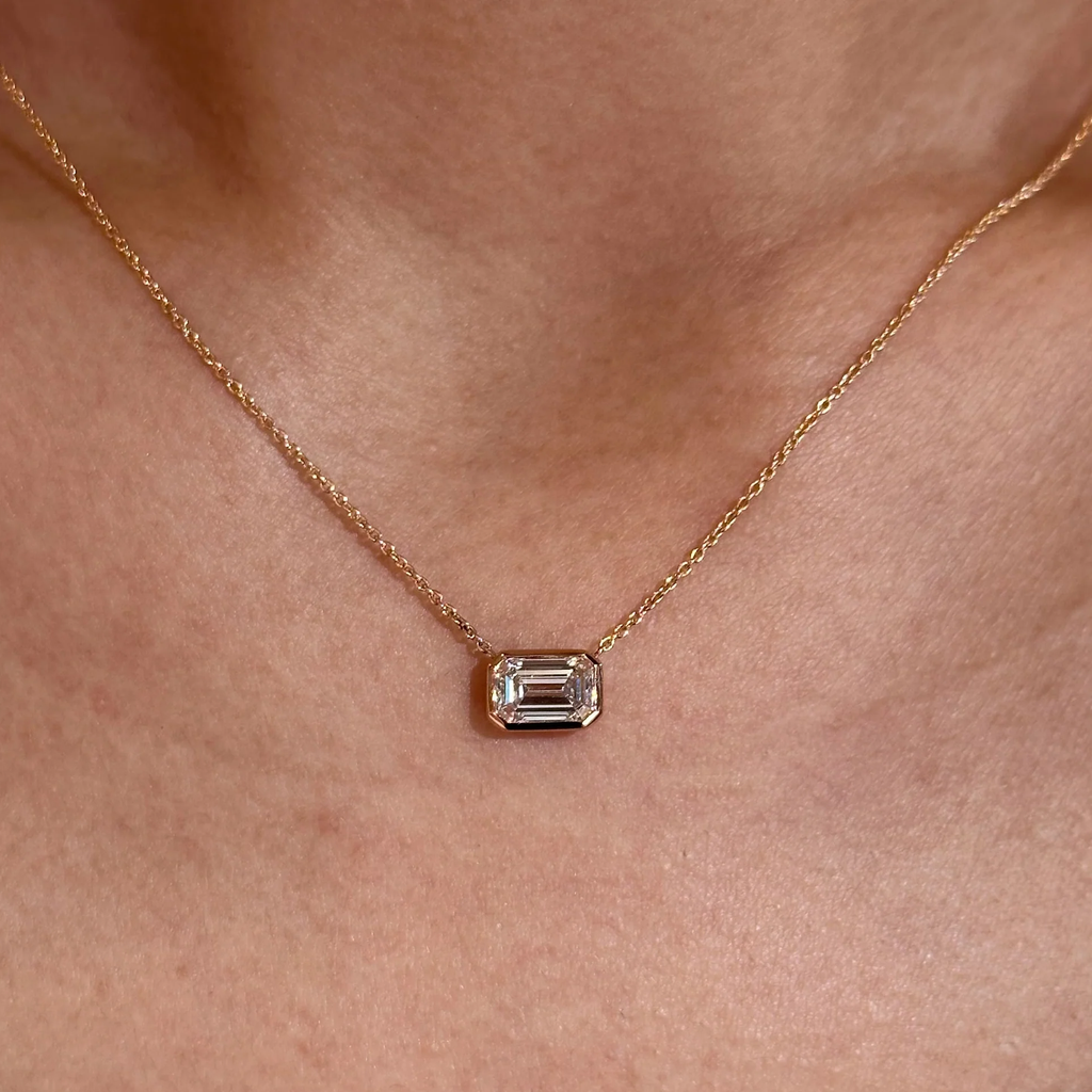 Bezel Set Emerald Cut East West Pendant Necklace | Lab Grown Diamond | 14K Yellow Gold Modern Design
