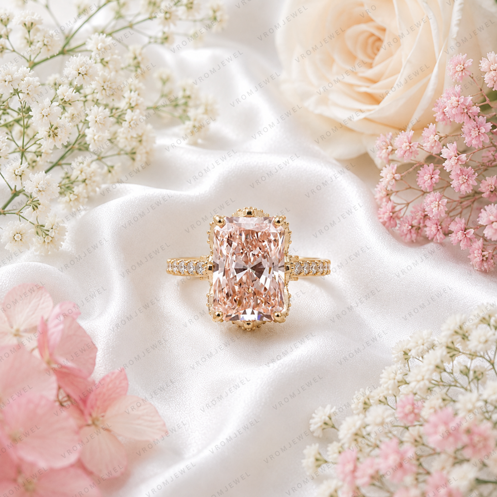 Pink Radiant Lab Grown Diamond Halo Engagement Ring, Pavé Diamond Band, Pink Diamond Ring, 10K 14K 18K Gold