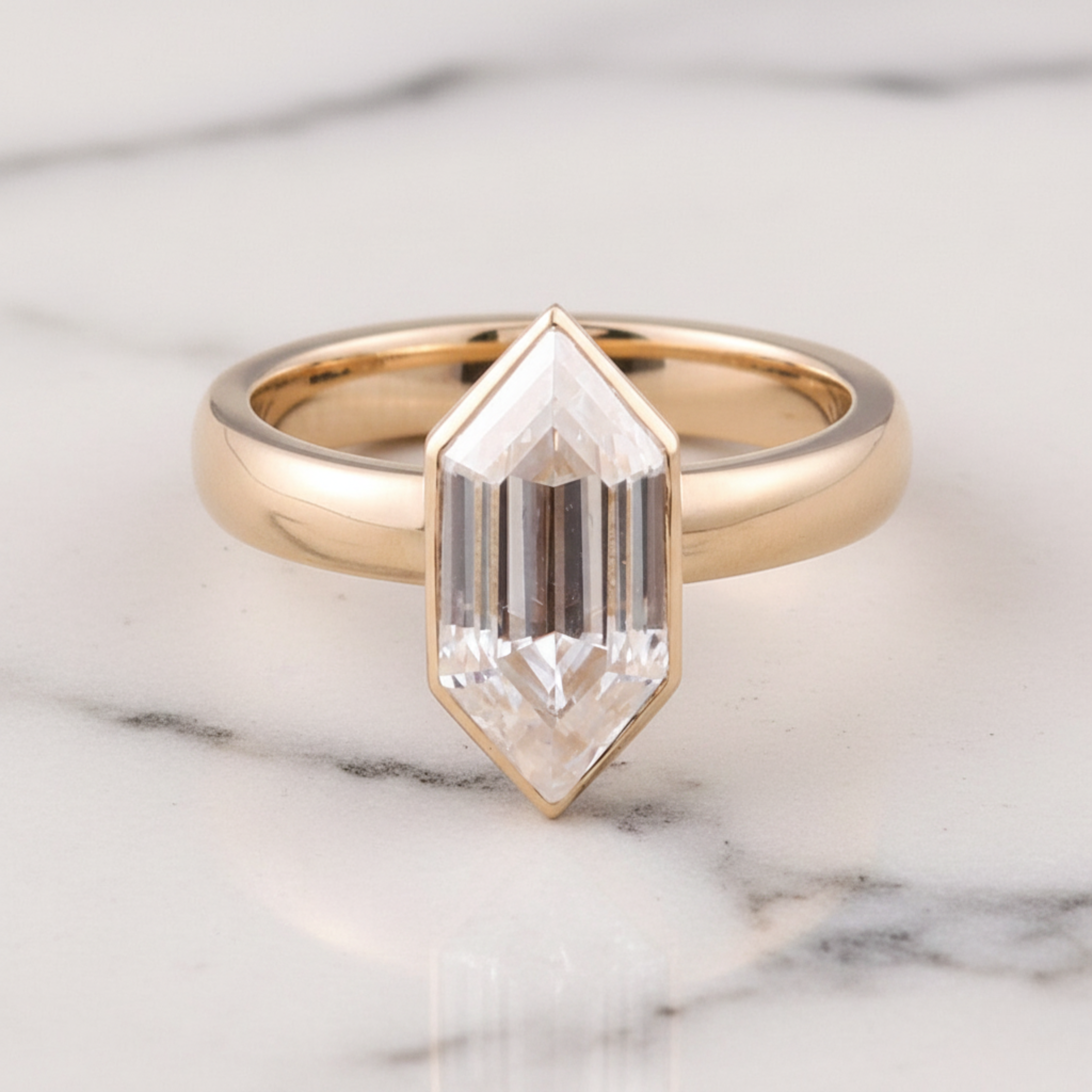 Elongated Hexagon Step Cut Bezel Set Ring | Lab Grown Diamond | 14K Yellow Gold Solitaire