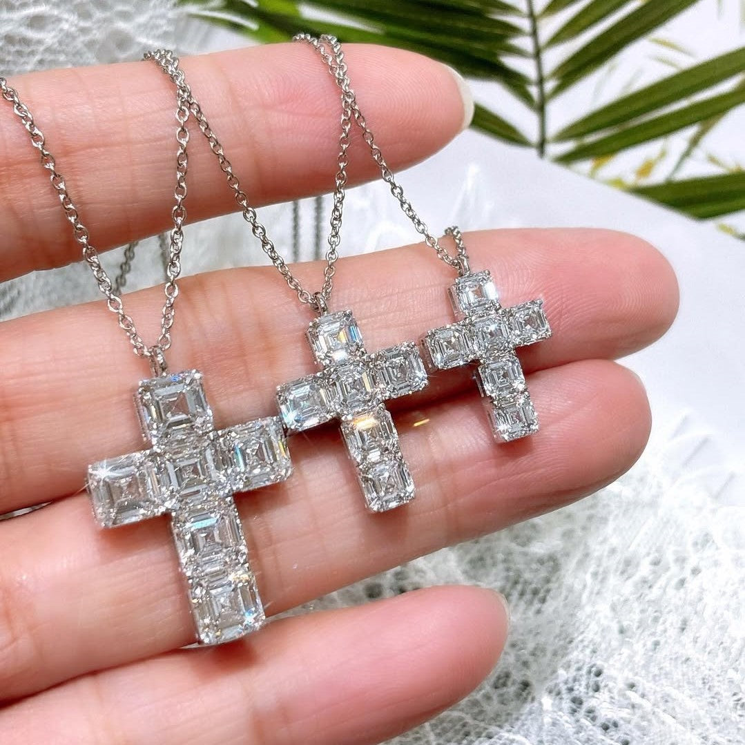 Cross Pendant Necklace Asscher Cut | Lab Grown Diamond | 14K Yellow Gold
