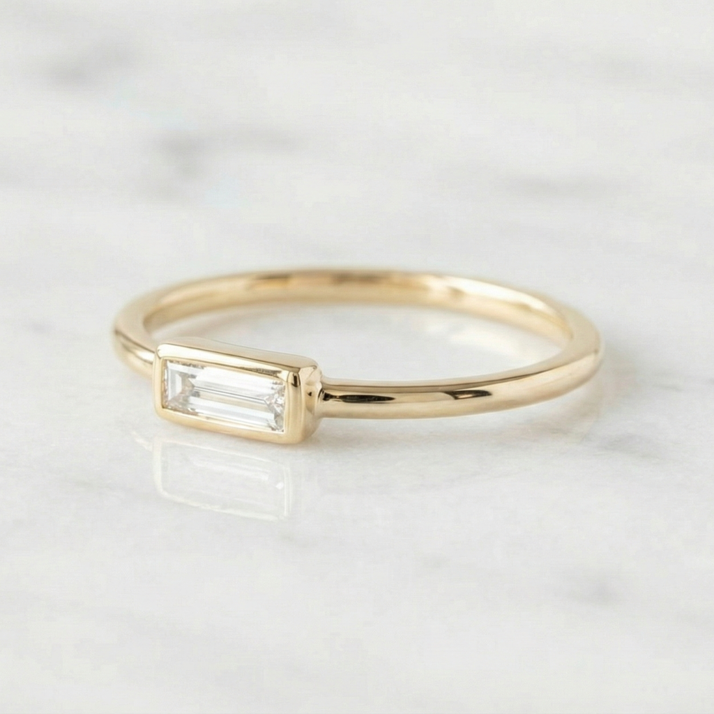 East West Baguette Bezel Set Ring | Lab Grown Diamond | 14K Yellow Gold Minimalist Band