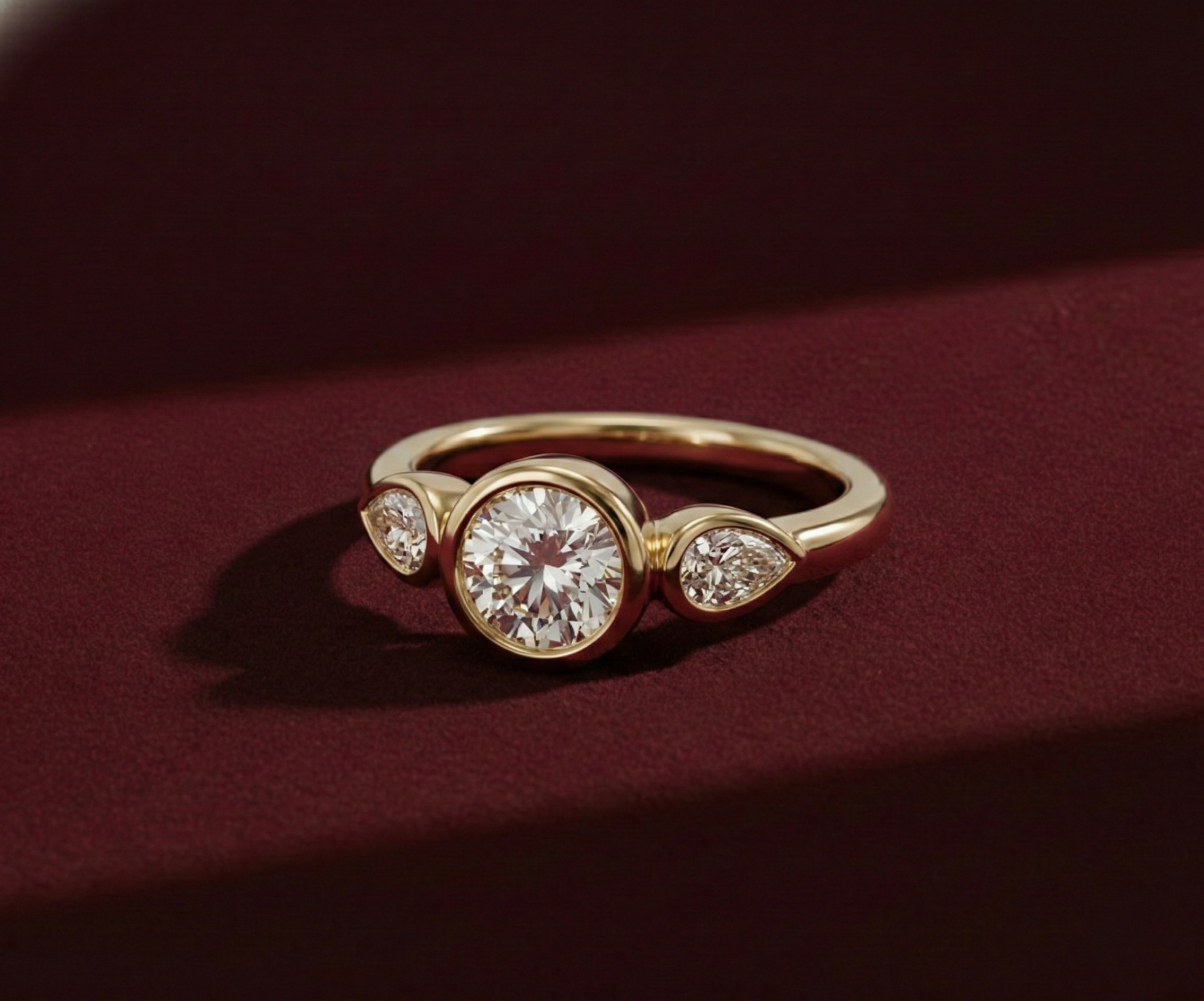 Round Lab Grown Diamond Engagement Ring with Pear Side Stones, Three Stone Bezel Ring, 14K Yellow Gold, IGI Certified Diamond Ring