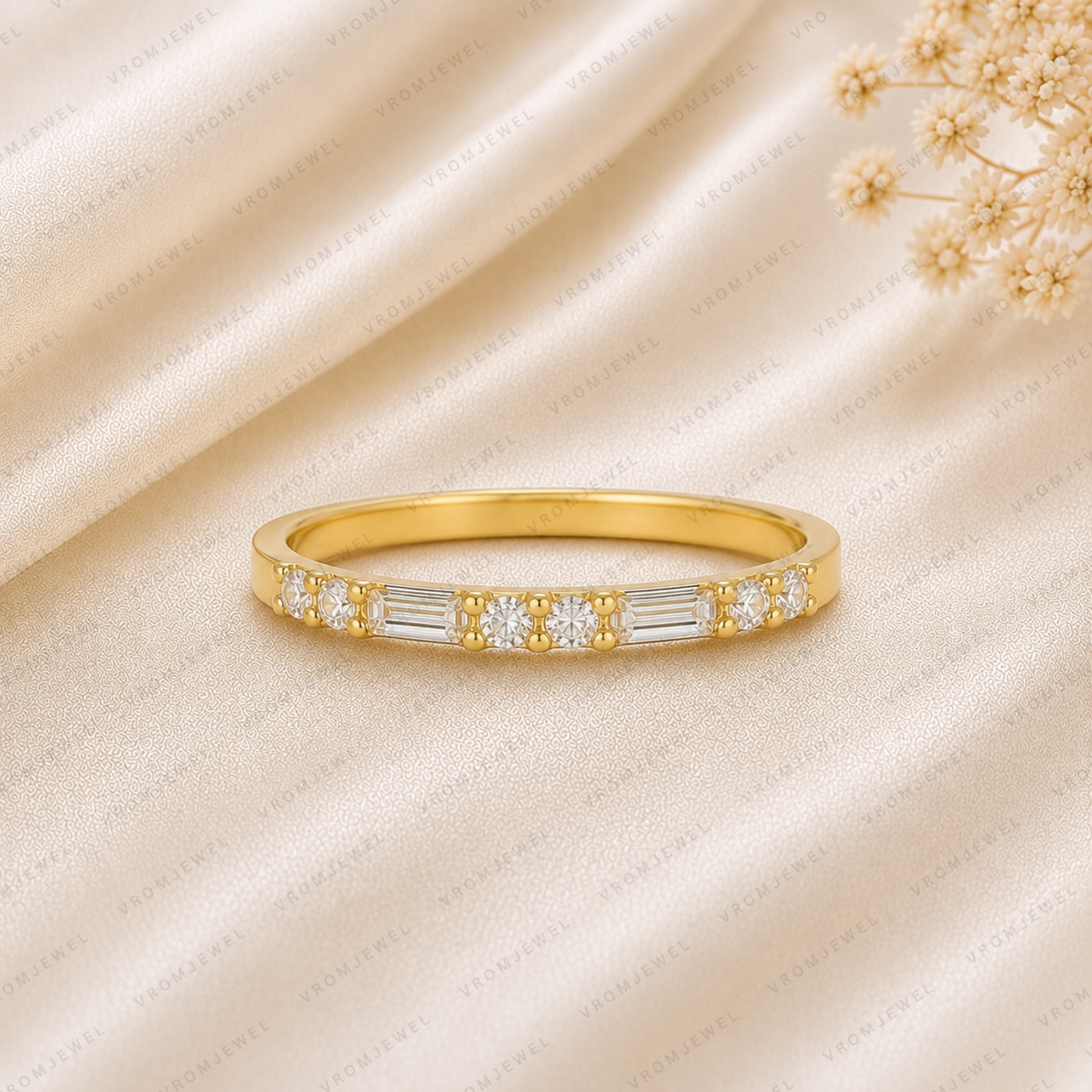 Lab Grown Diamond Wedding Band: 14K Gold Round & Baguette Anniversary Ring