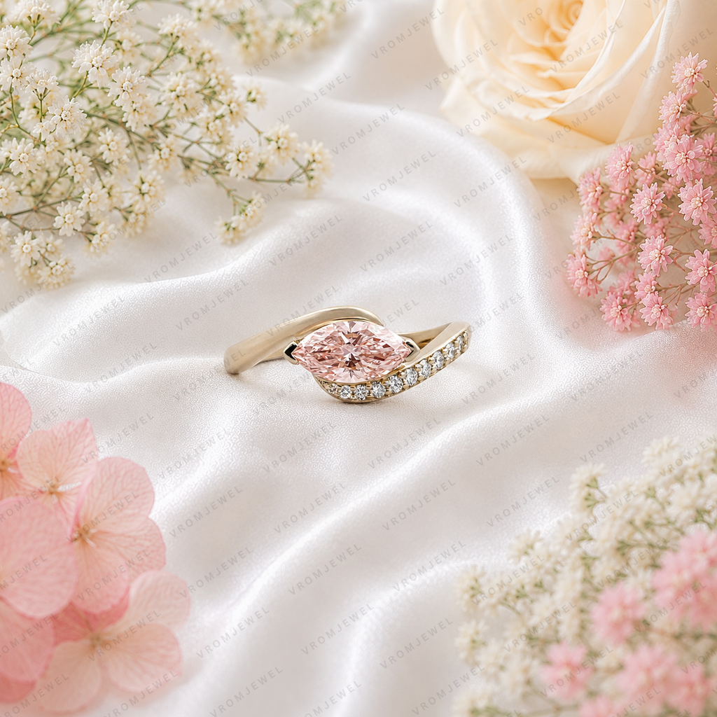 Pink Marquise Lab Grown Diamond Engagement Ring, Minimalist Crossover Ring, Pavé Diamond Band, Dainty Wedding Ring, 10K 14K 18K Gold