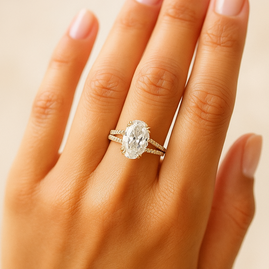 Oval Cut Ring with Split Shank Design | Lab Grown Diamond | 14K Yellow Gold