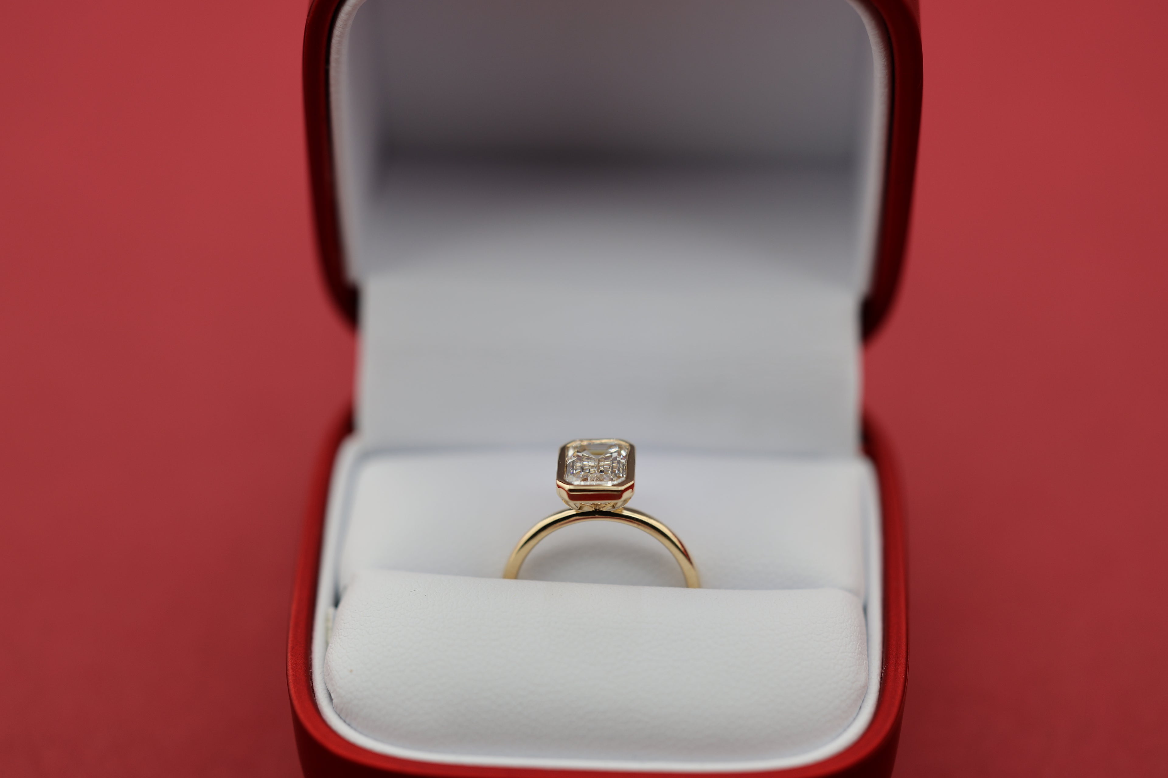 Modern Emerald Engagement Ring | Lab Grown Diamond | 14K Yellow Gold Bezel Solitaire Ring