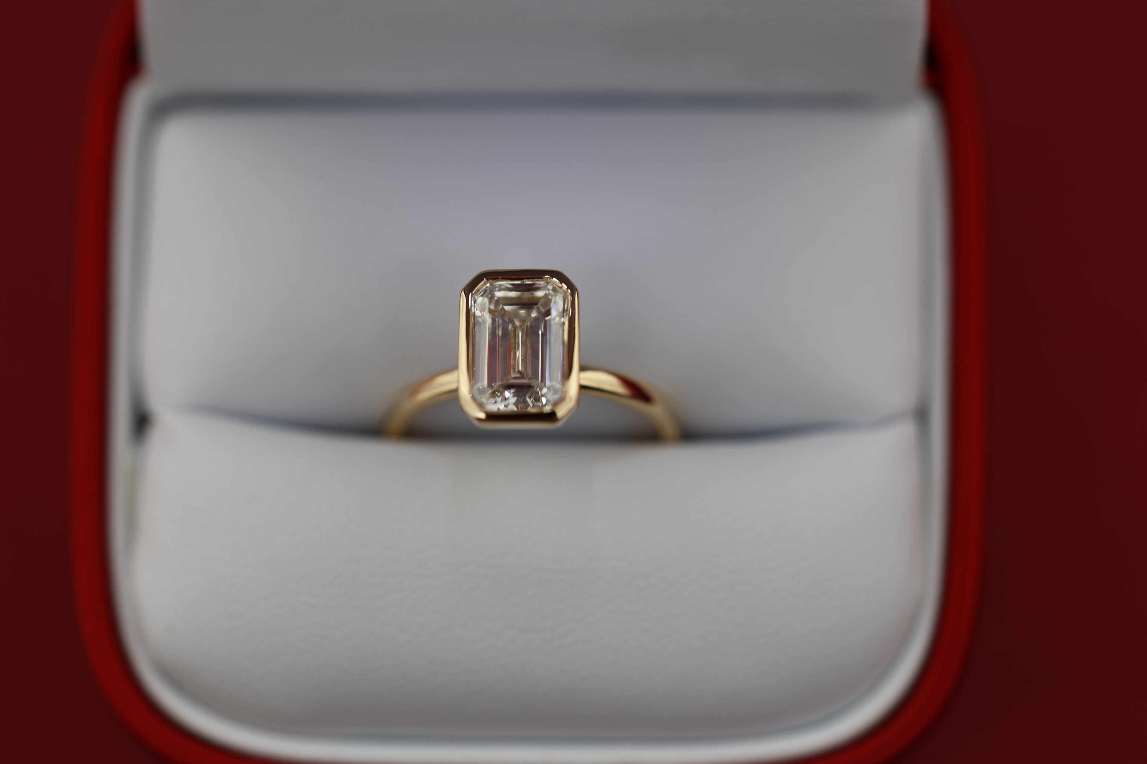 Modern Emerald Engagement Ring | Lab Grown Diamond | 14K Yellow Gold Bezel Solitaire Ring