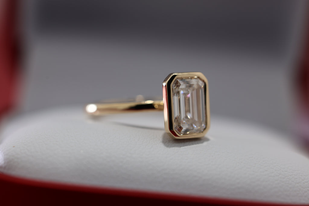 Modern Emerald Engagement Ring | Lab Grown Diamond | 14K Yellow Gold Bezel Solitaire Ring
