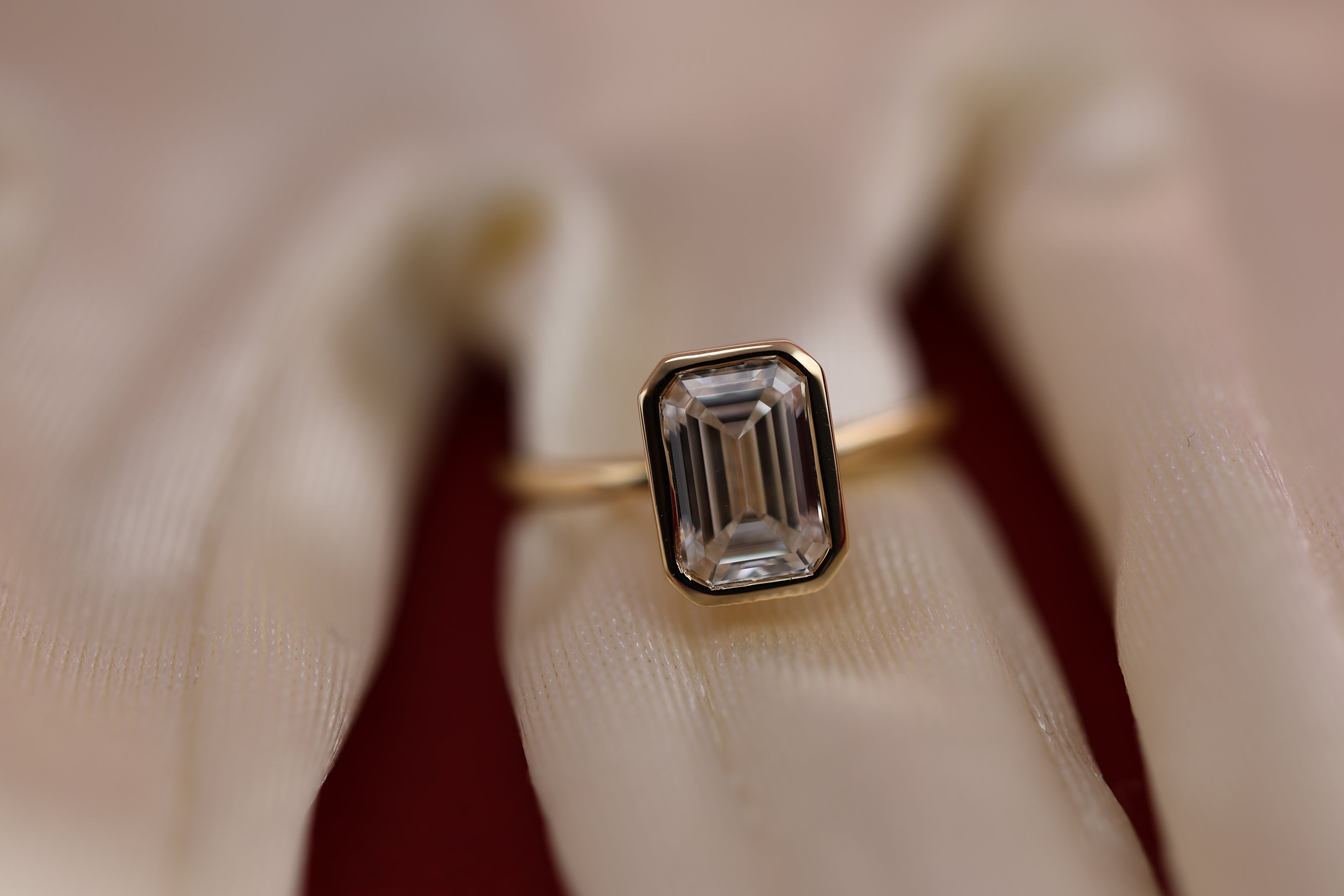 Modern Emerald Engagement Ring | Lab Grown Diamond | 14K Yellow Gold Bezel Solitaire Ring