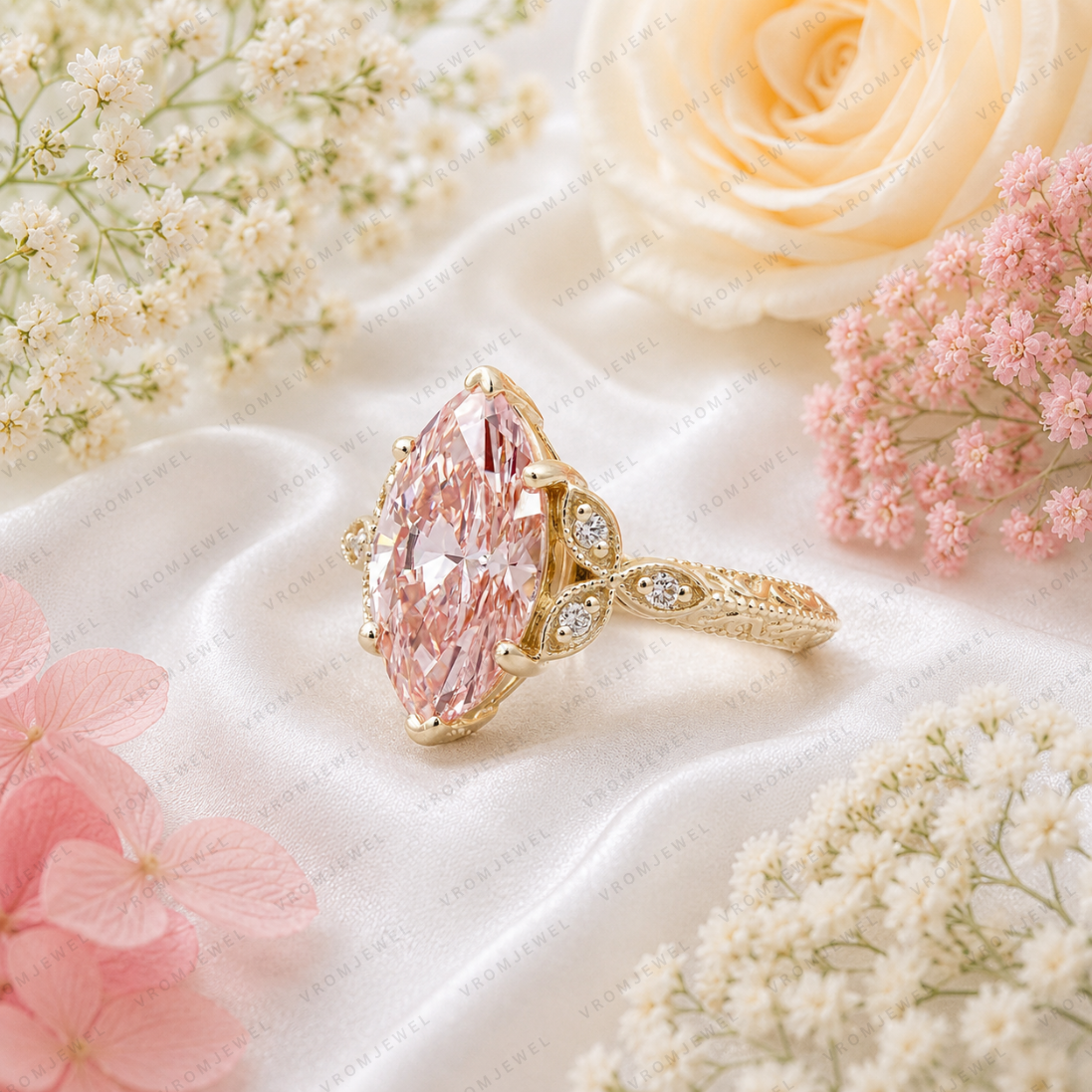 Pink Marquise Lab Grown Diamond Engagement Ring, Vintage Floral Halo Ring, Pavé Diamond Ring, 10K 14K 18K Gold