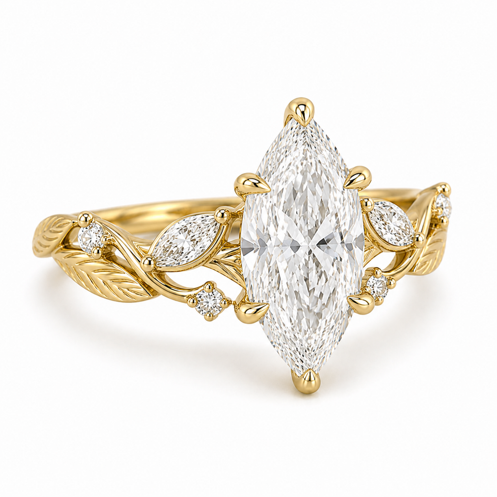 Marquise Diamond Nature Inspired Ring, Marquise Lab Grown Diamond Ring, Floral Diamond Engagement Ring, Leaf Inspired Gold Ring, Unique Ring
