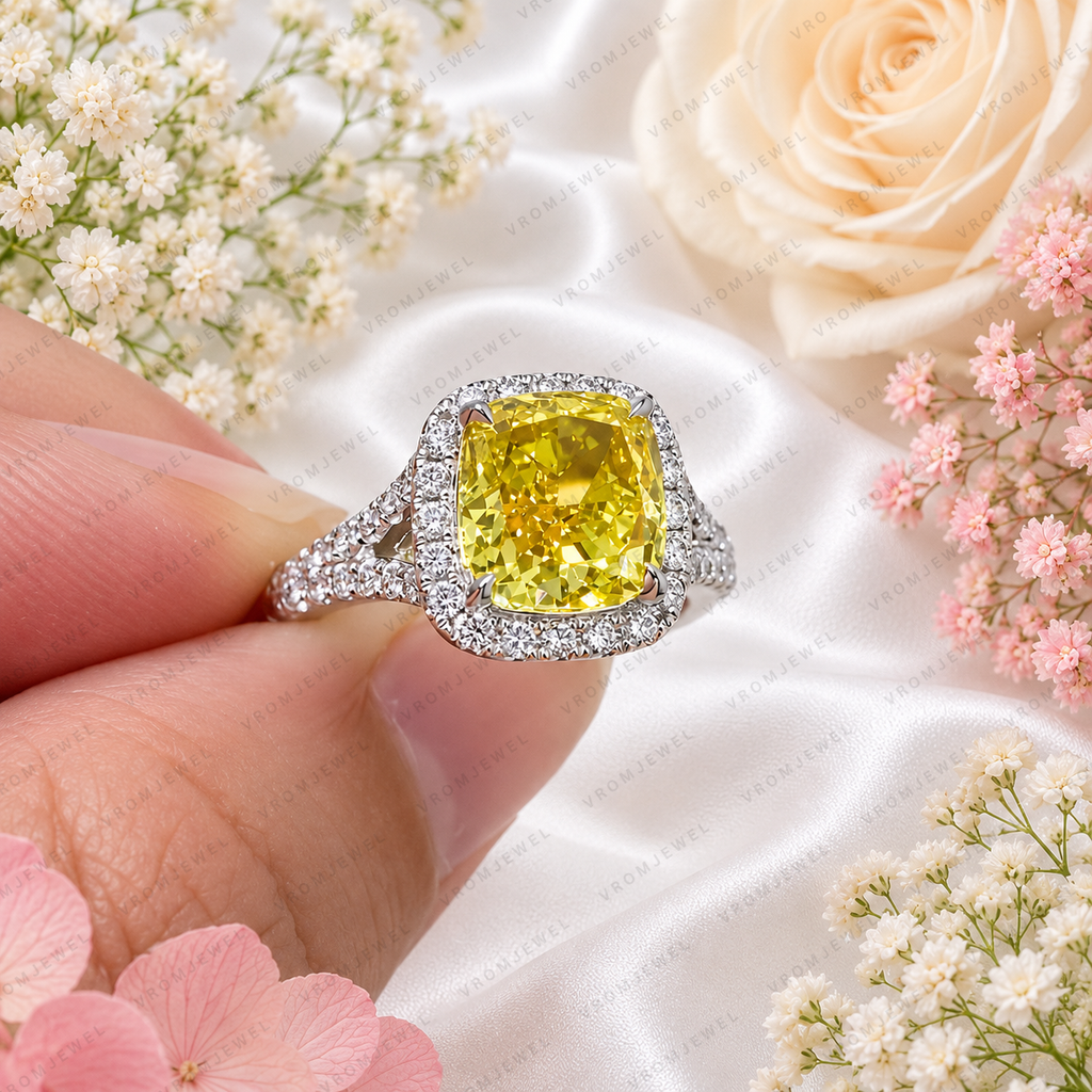 3.00 Carat Yellow Cushion Lab Grown Diamond Ring, Yellow Diamond Engagement Ring, Diamond Halo Ring, Pavé Band, Statement Ring, 10K 14K 18K