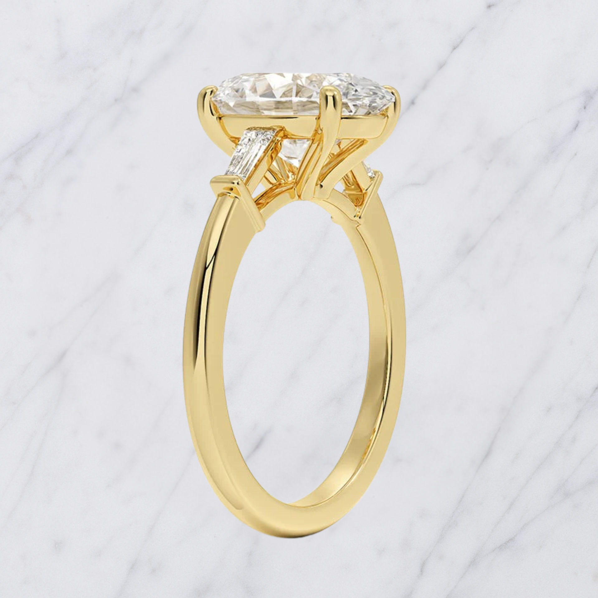 Oval Engagement Ring | Lab Grown Diamond | Tapered Baguette Side Stones | 14K Yellow Gold