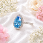 Blue Pear Shape Lab Grown Diamond Ring, 3 Carat Blue Diamond Engagement Ring, Pear Cut Halo Ring, Pavé Diamond Band, Blue Bridal Ring
