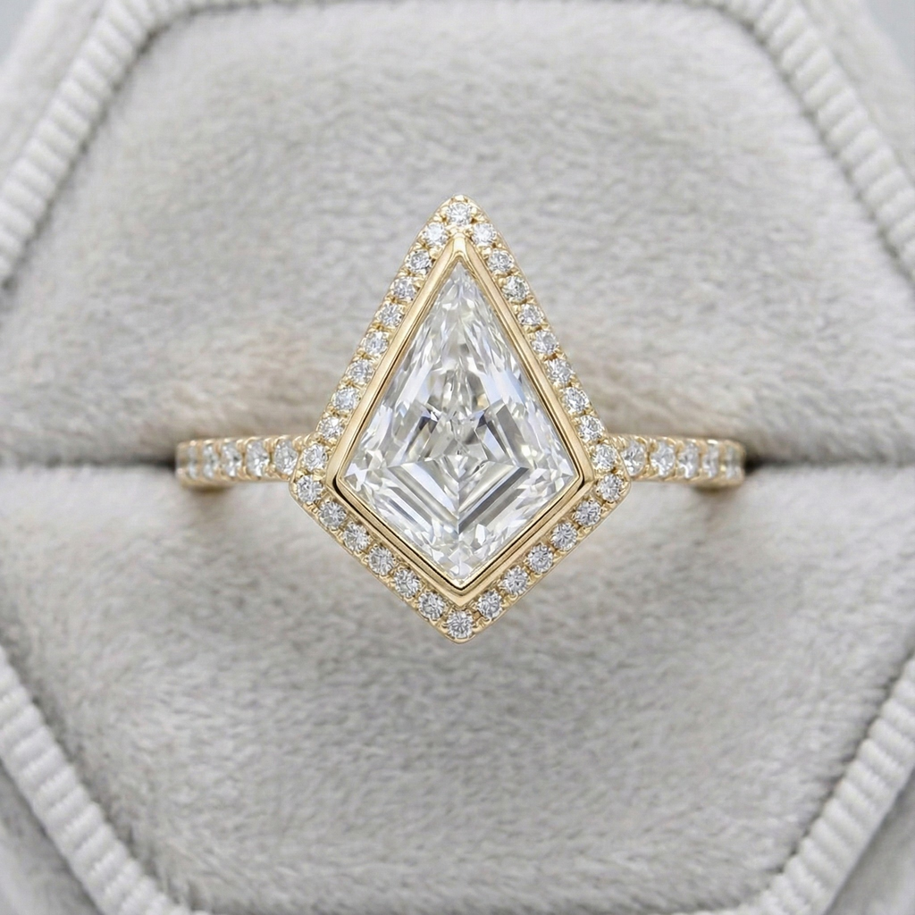 Art Deco Kite Cut Halo Ring | Lab Grown Diamond | 14K Yellow Gold Geometric Design