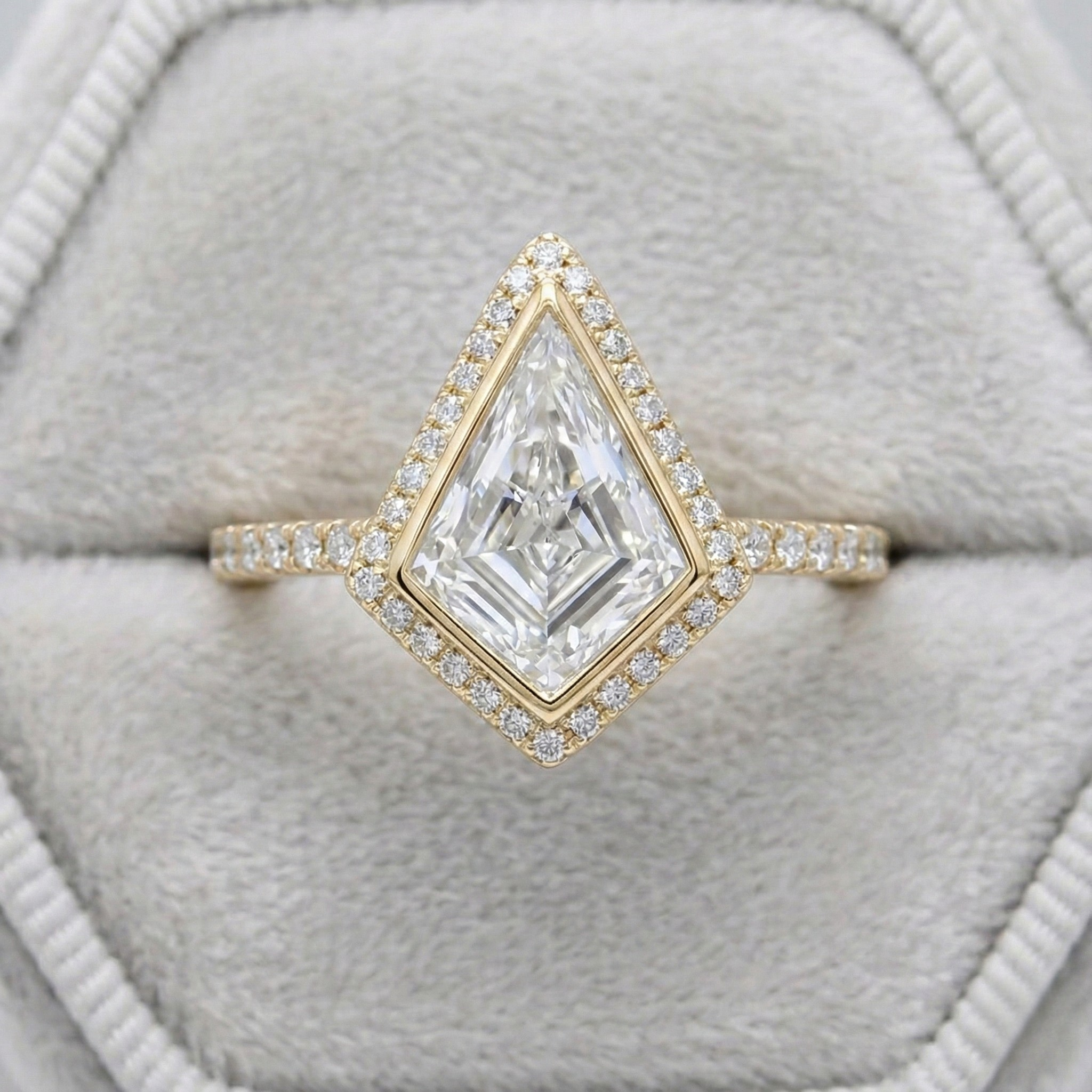 Art Deco Kite Cut Halo Ring | Lab Grown Diamond | 14K Yellow Gold Geometric Design