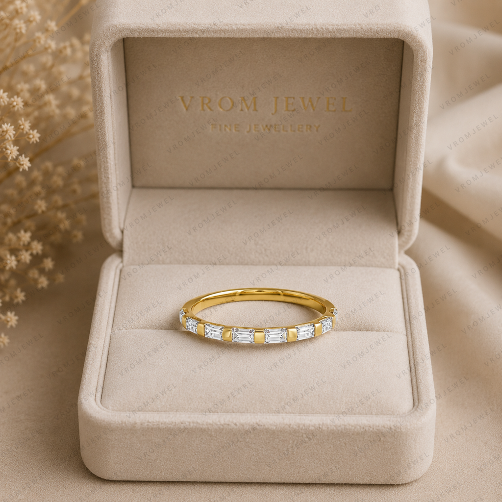 Baguette Lab Grown Diamond Wedding Band: Minimalist Half Eternity Stacking Ring