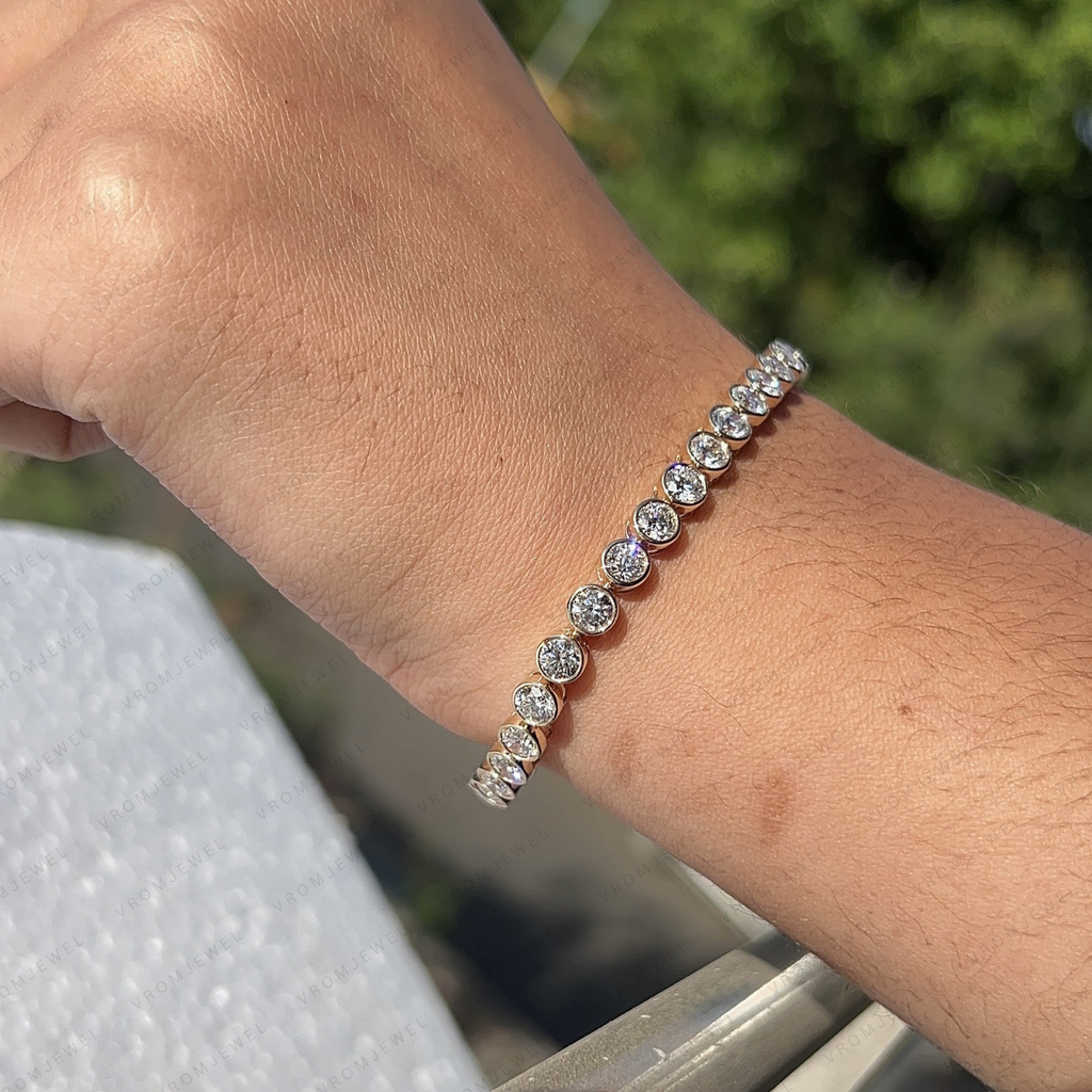 Bezel Set Round Lab Grown Diamond Tennis Bracelet in Solid 14K Gold