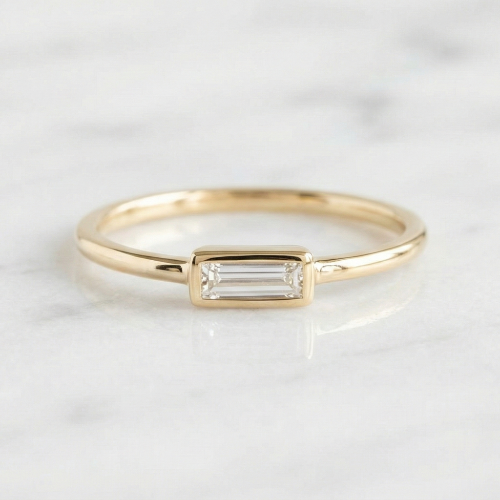 East West Baguette Bezel Set Ring | Lab Grown Diamond | 14K Yellow Gold Minimalist Band