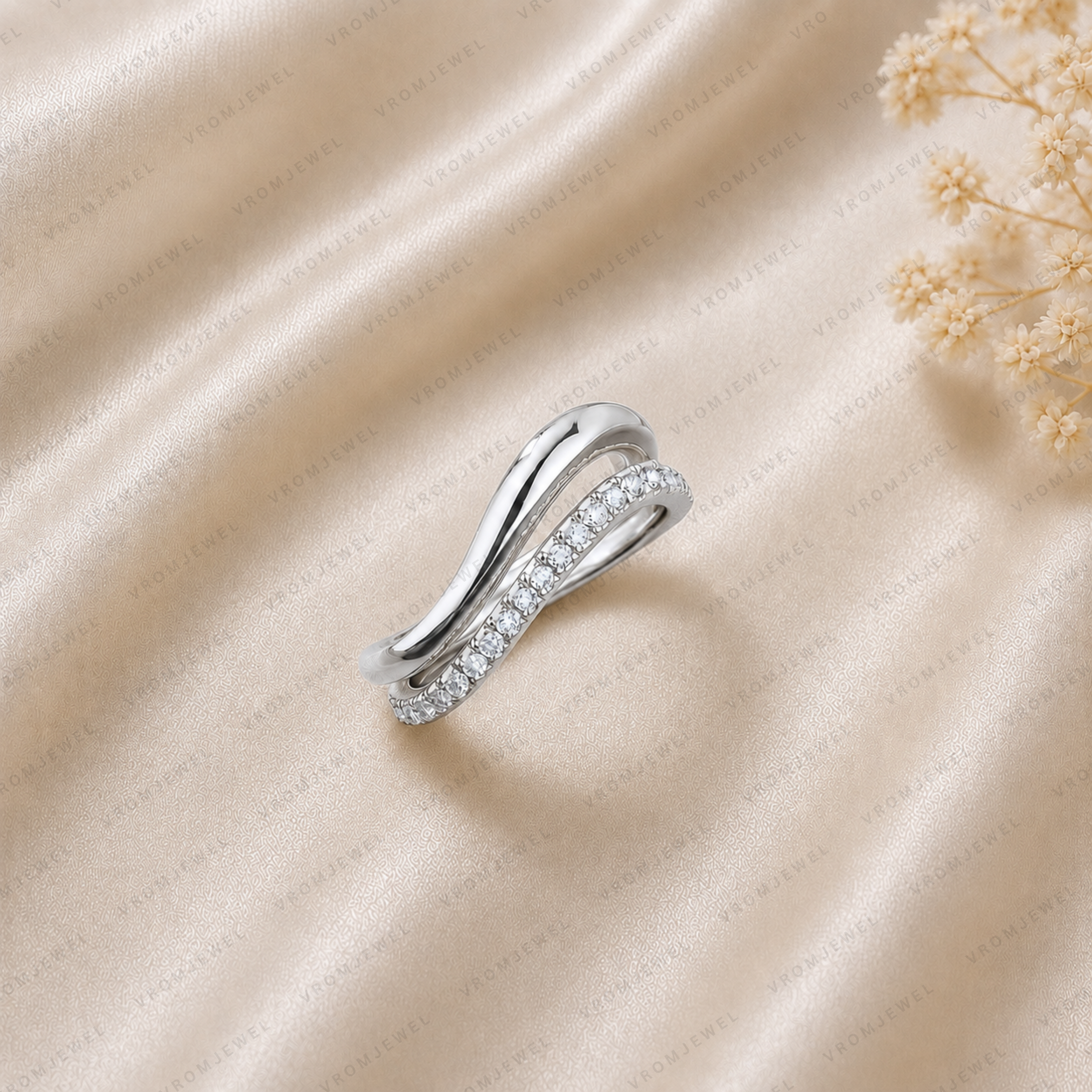 Double Wave Diamond Wedding Band | Lab Grown | 14K Gold | Stacking Ring