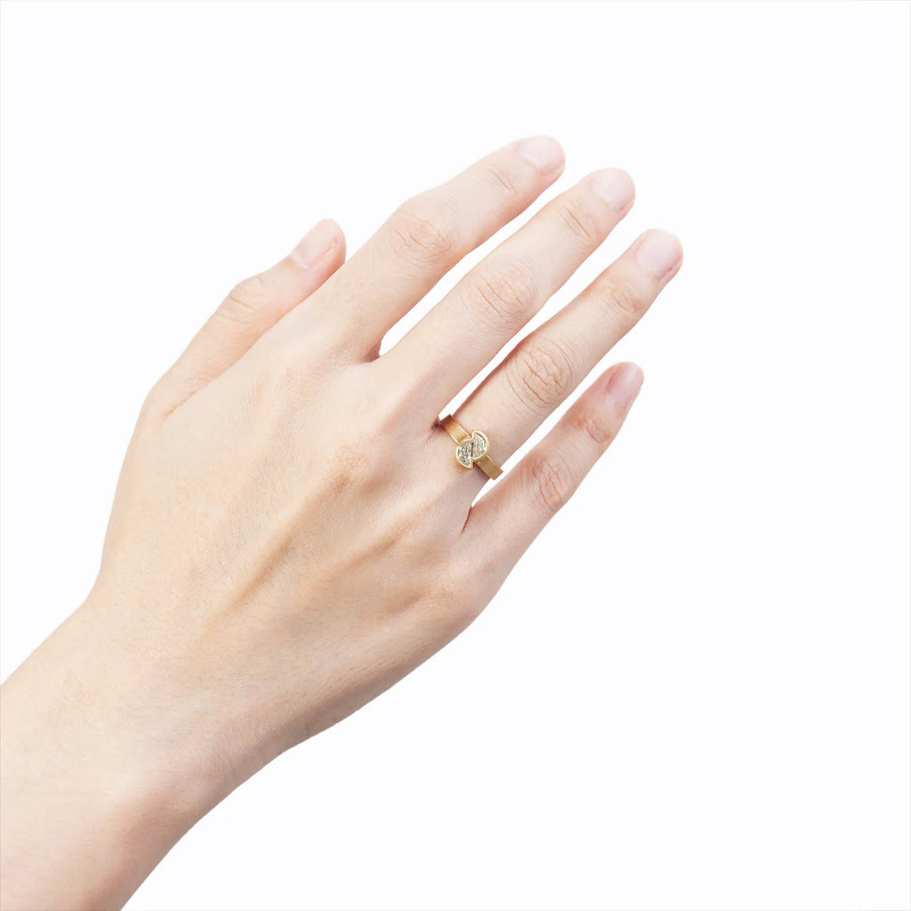 Half Moon Diamond Ring Matte Finish Semi Bezel | Lab Grown Diamond | 14K Yellow Gold