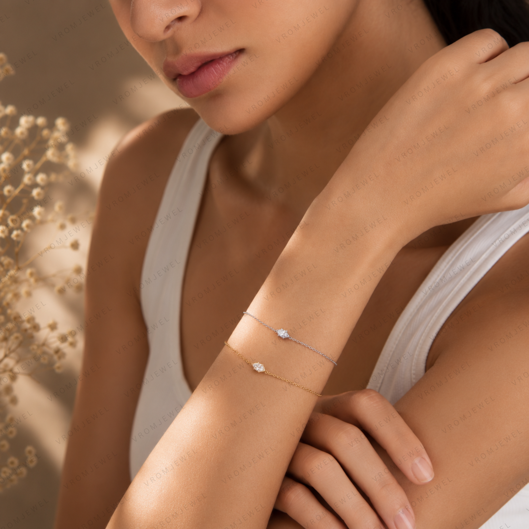 Handmade Marquise Cut Lab Grown Diamond Solitaire Bracelet in 14K Gold
