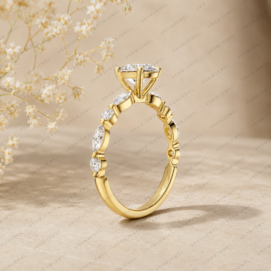 Oval Lab Grown Diamond Engagement Ring with Marquise & Round Halo in Solid 14K Gold