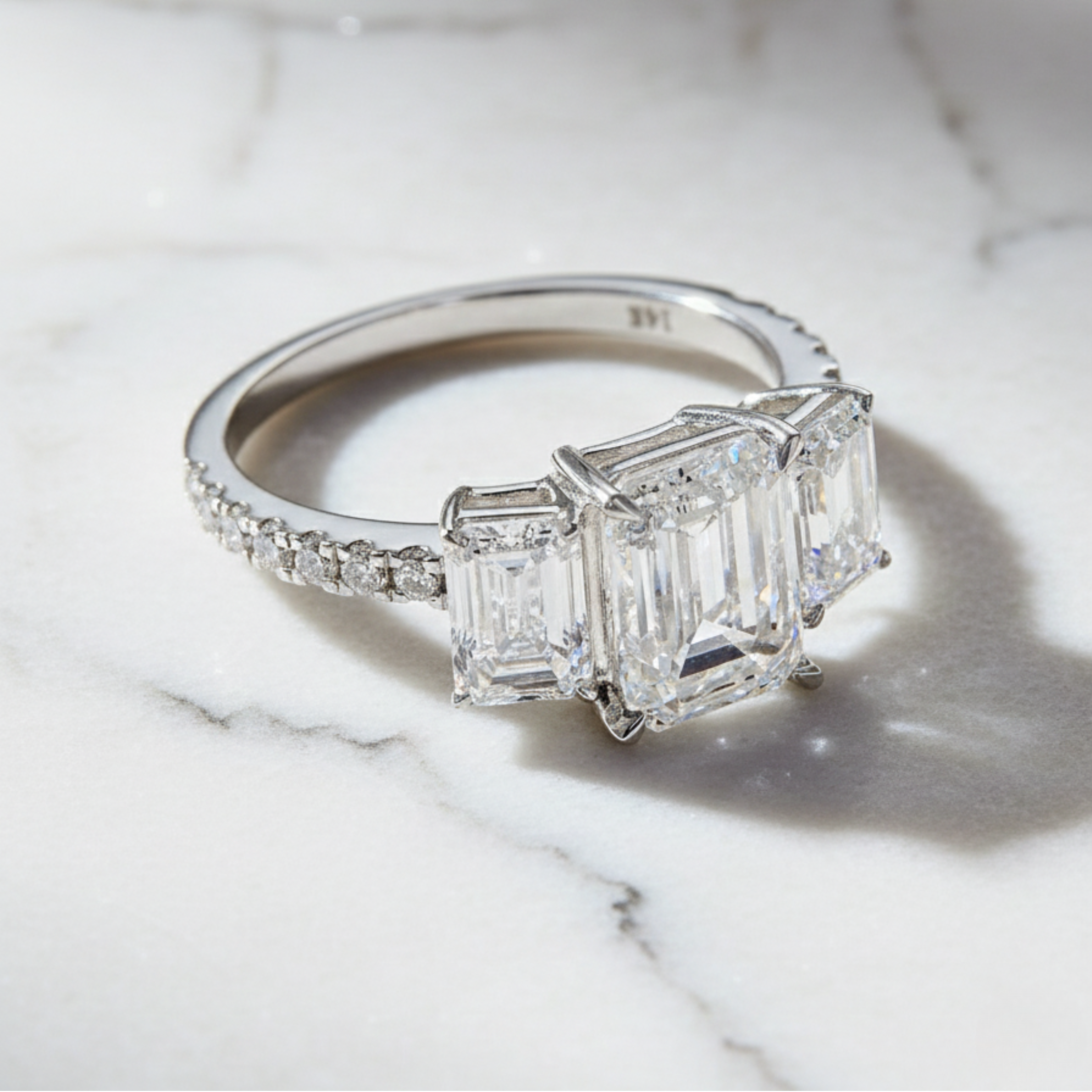 Emerald Cut 3 Stone Engagement Ring | Lab Grown Diamond | 14K Yellow Gold Classic Design