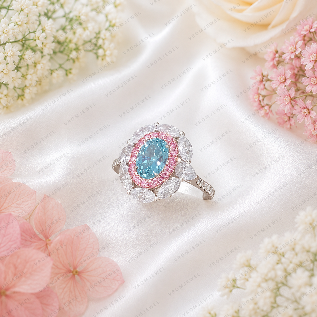 Blue Oval Lab Grown Diamond Ring, 1.30 Carat Blue Diamond Engagement Ring, Pink Round & F Color Marquise Accents, Floral Halo Ring