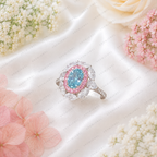 Blue Oval Lab Grown Diamond Ring, 1.30 Carat Blue Diamond Engagement Ring, Pink Round & F Color Marquise Accents, Floral Halo Ring