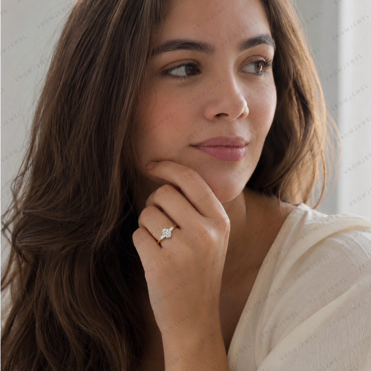 Oval Engagement Ring | Lab Grown Diamond | Tapered Baguette Side Stones | 14K Yellow Gold