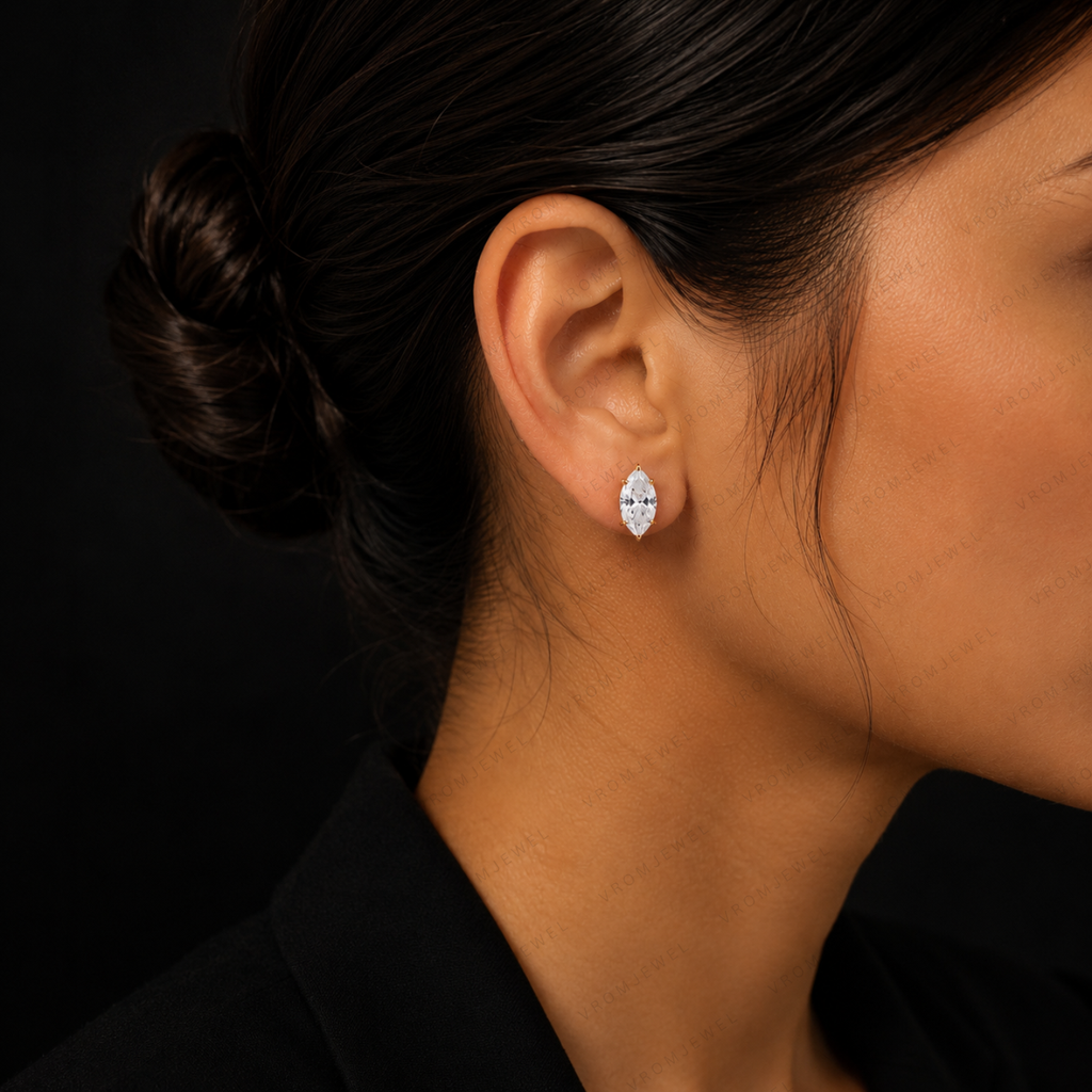 Marquise Lab Grown Diamond Stud Earrings in Solid 14K Gold for Women