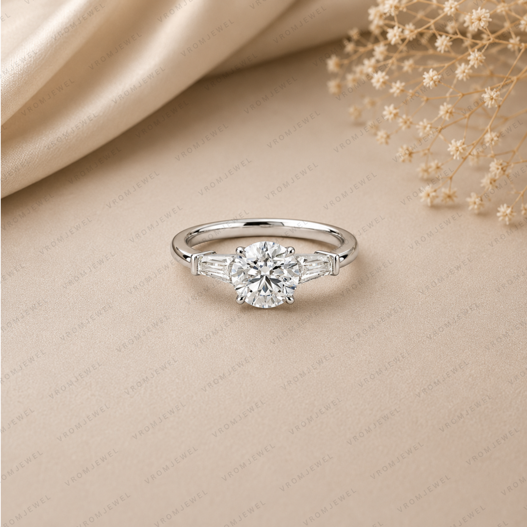 Round Engagement Ring | Lab Grown Diamond | Tapered Baguette Side Stones | 14K Yellow Gold