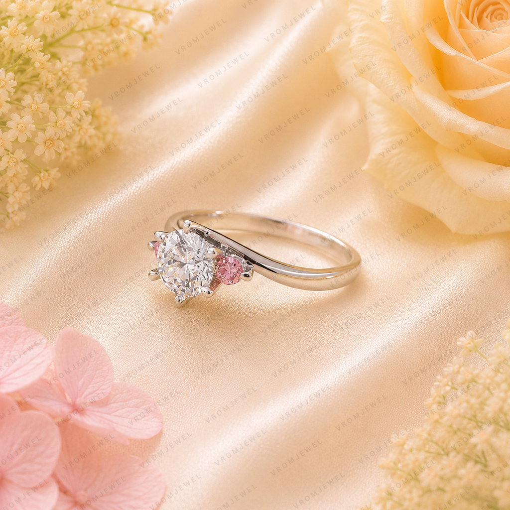 Round Lab Grown Diamond Engagement Ring, F Color Diamond Ring, Pink Diamond Side Stones, Three Stone Ring, Floral Inspired Ring, 10K 14K 18K