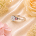Round Lab Grown Diamond Engagement Ring, F Color Diamond Ring, Pink Diamond Side Stones, Three Stone Ring, Floral Inspired Ring, 10K 14K 18K