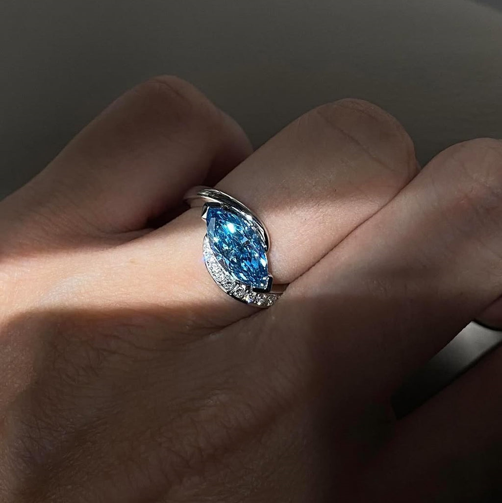 Blue Marquise Cut Halo Twist Style Engagement Ring | Lab Grown Diamond | 14K Yellow Gold