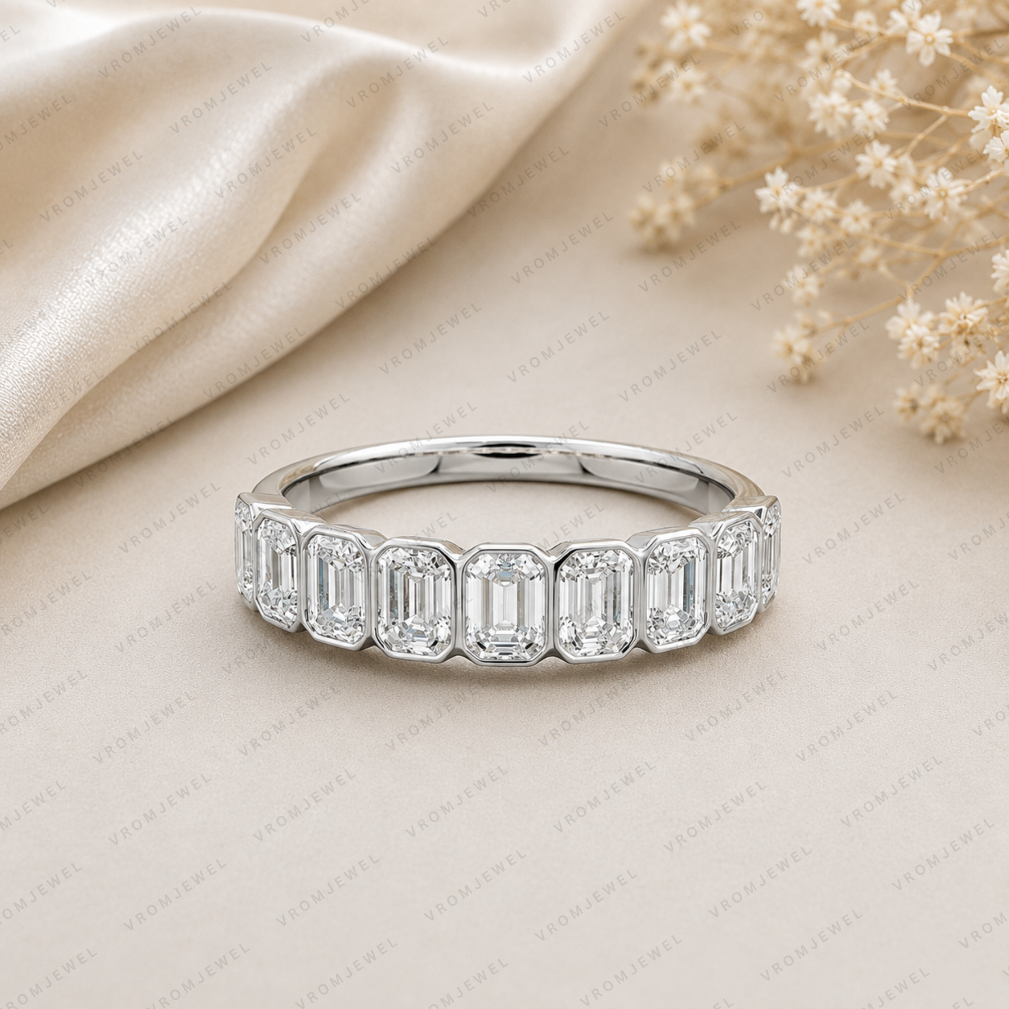 Emerald Cut Lab Grown Diamond Bezel Set Wedding Band in Solid 14K Gold