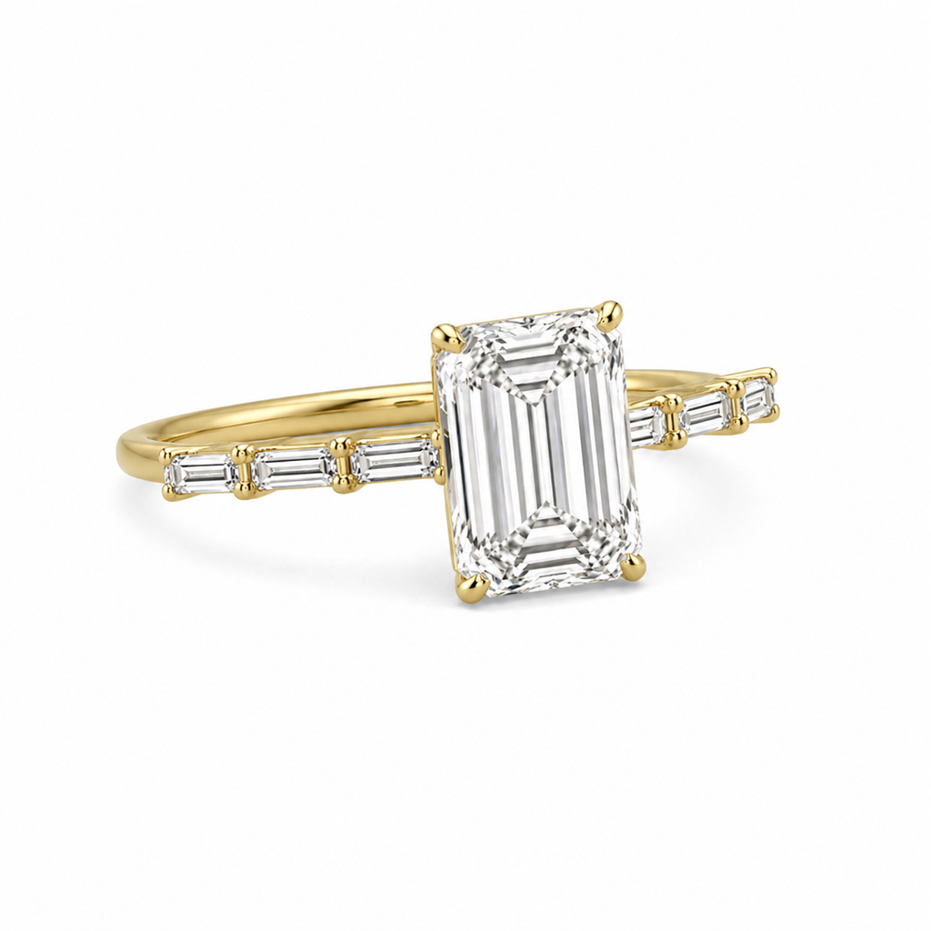 Emerald Cut Lab Grown Diamond Ring with Baguette Side Accents | 2 CT IGI Certified | 14K Gold Elegant Ring