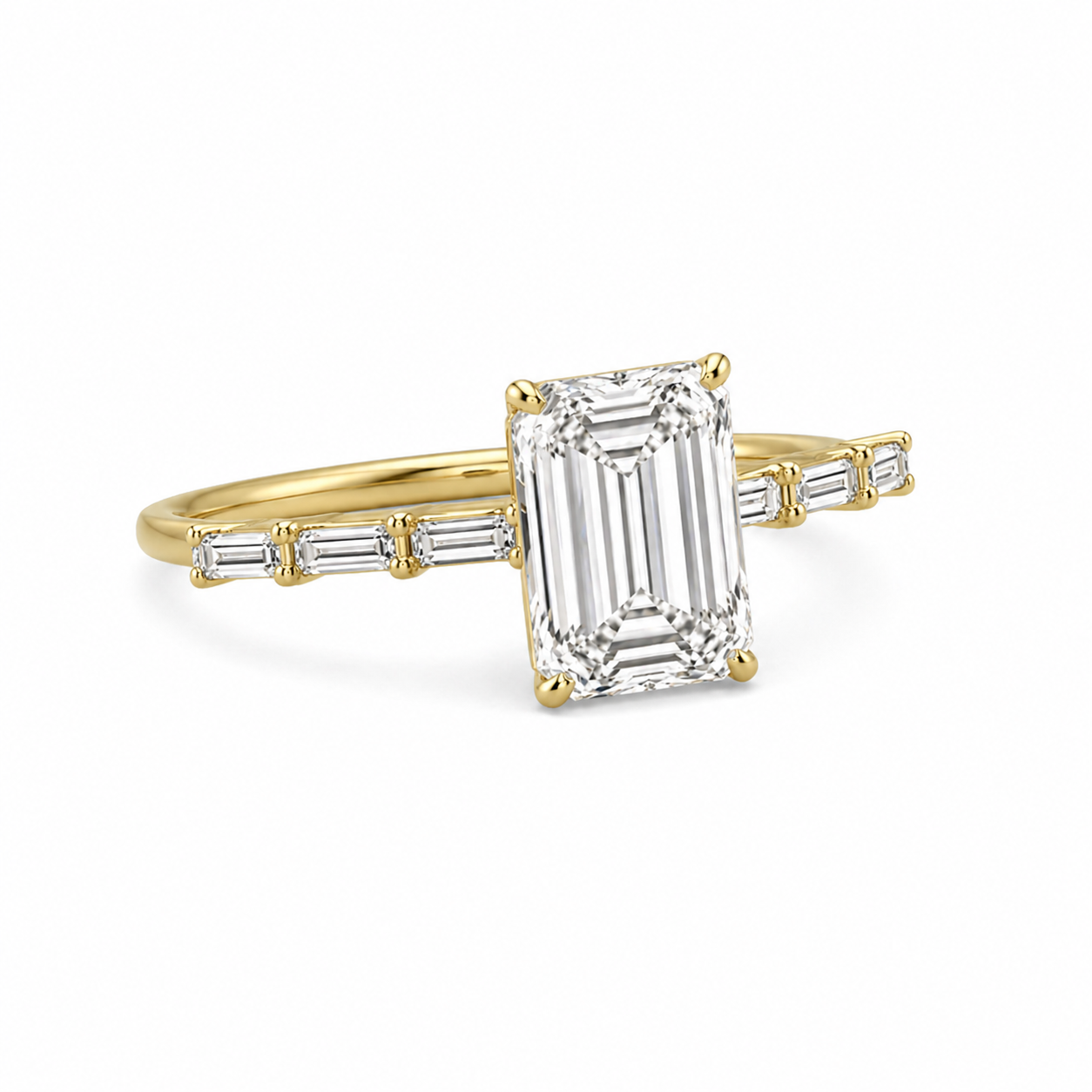 Emerald Cut Lab Grown Diamond Ring with Baguette Side Accents | 2 CT IGI Certified | 14K Gold Elegant Ring